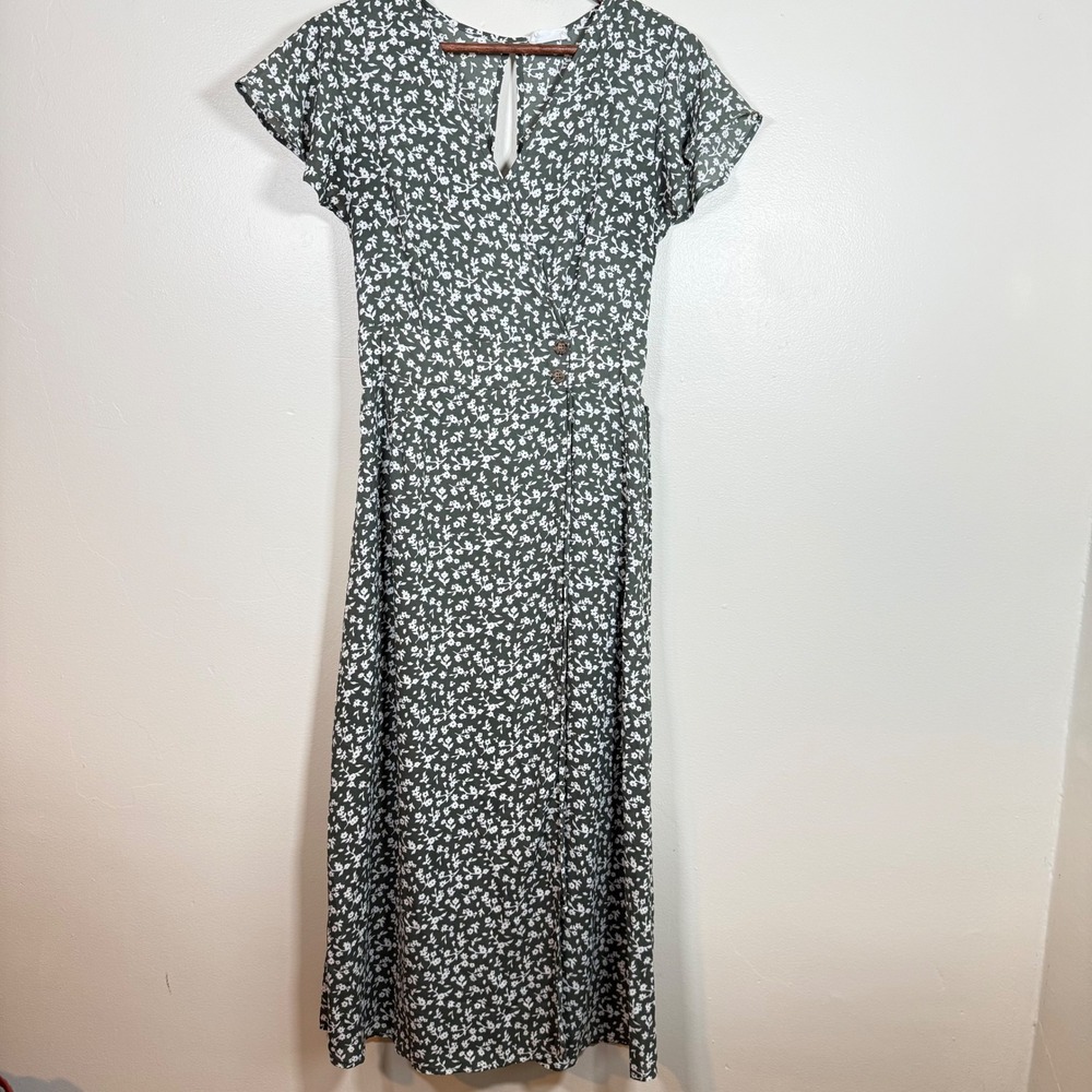 Sienna Sky Floral Faux Wrap Flutter Sleeve Midi Dress Size Medium Green